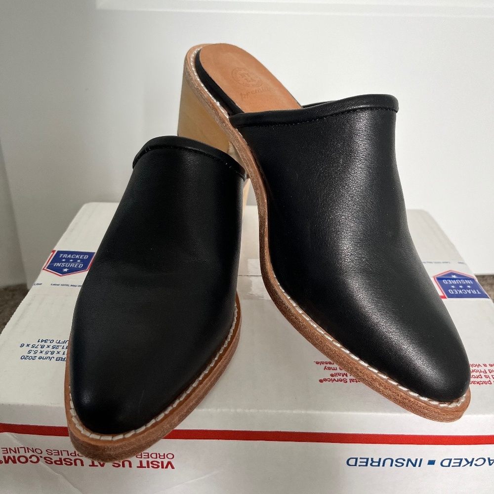 N.Y.L.A Premium Western Leather Block Heel Mules Shoes 7 Black $150 Made in USA